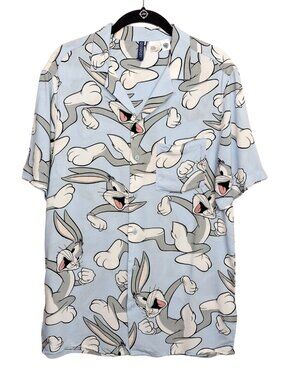 DIVIDED Bugs Bunny Shirt Novelty Looney Tunes Print Blue Camp Button Down Small